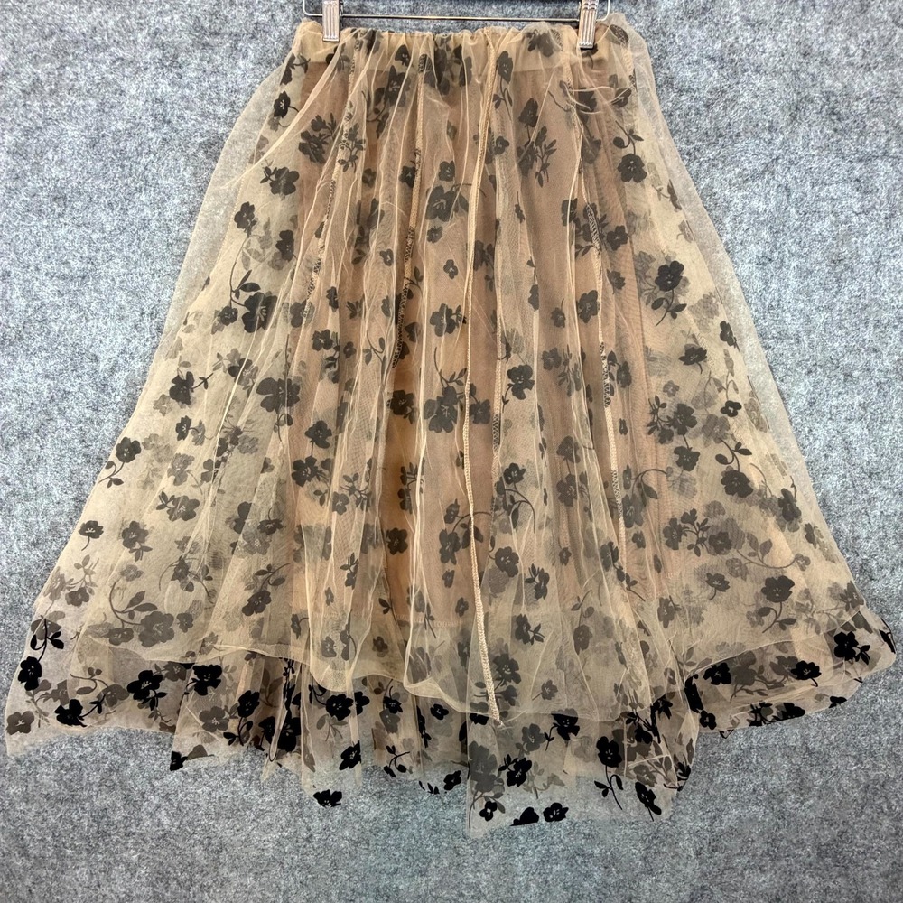 Womens Midi Skirt Brown Floral Sheer Lined Elastic Waist Boho Fairy Earthy